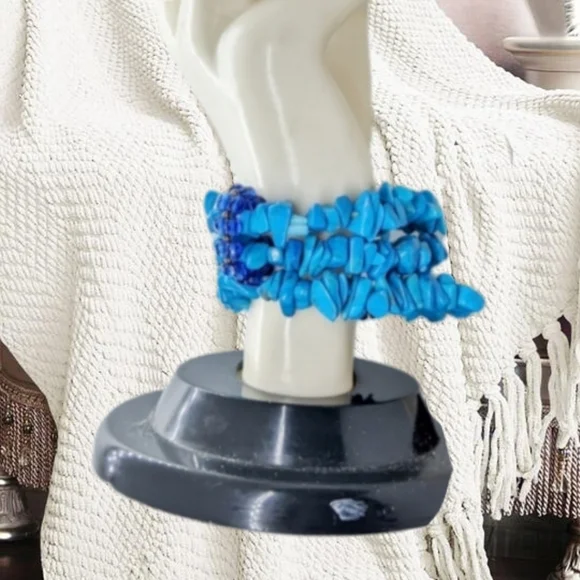 Genuine Turquoise Triple Layer Beaded Stretchy Bracelet - Picture 3 of 5